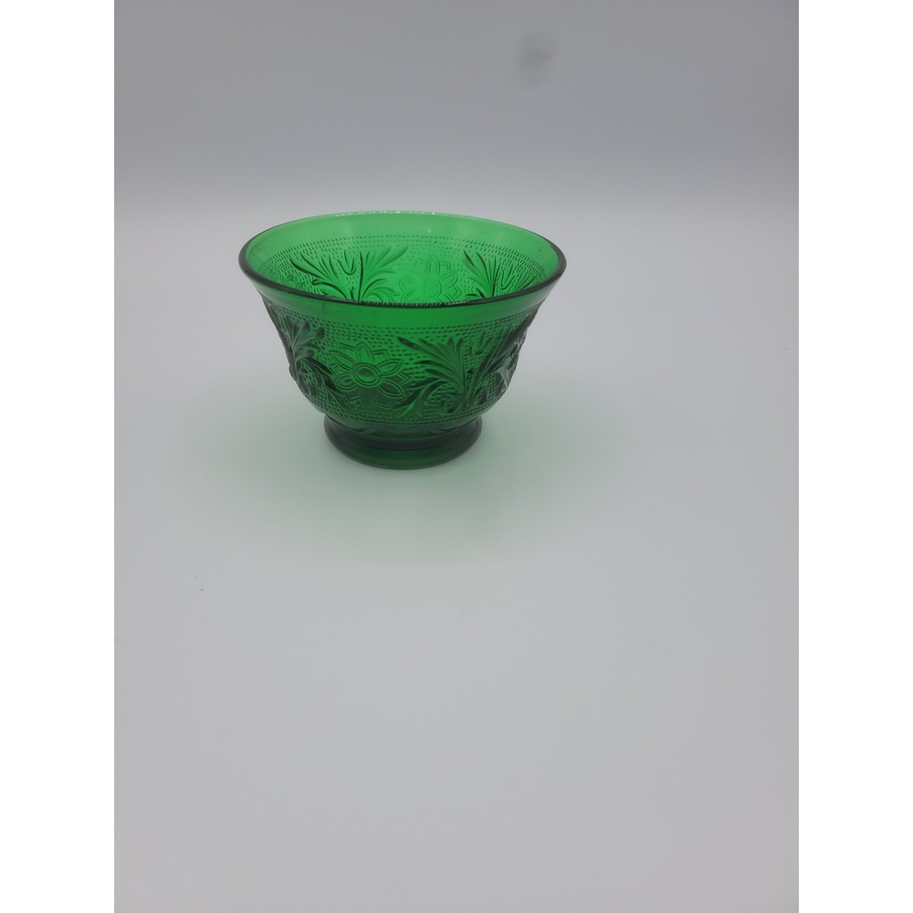 Vintage Emerald Green Pressed Glass‎ Floral Small Footed Bowl Nut Dish 4 Inch